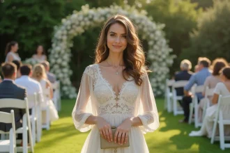 Femme élégante en robe boho lors d'un mariage en extérieur