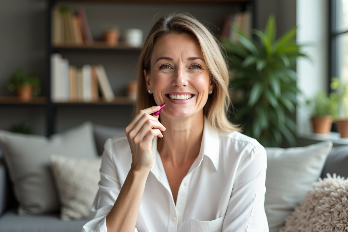 Femme mature souriante appliquant lipstick bordeaux