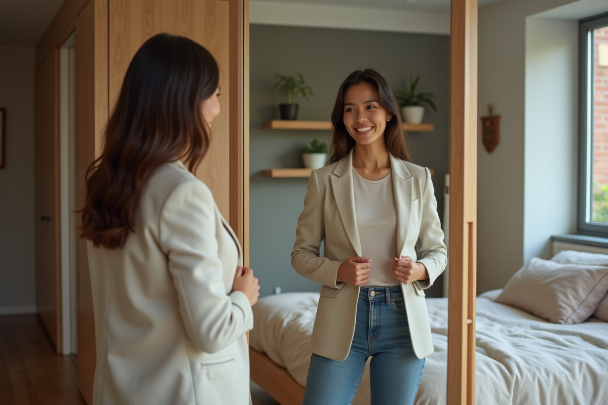 Femme dans sa chambre ajustant un blazer avec reflet