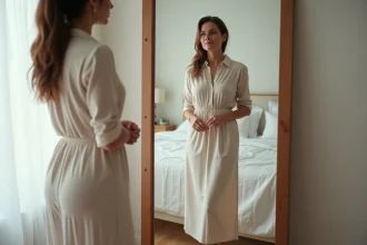 Femme regardant son reflet dans un miroir avec une robe en coton mal ajustée