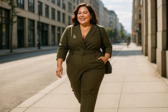 Femme confiante en tailleur dans une rue urbaine ensoleillee