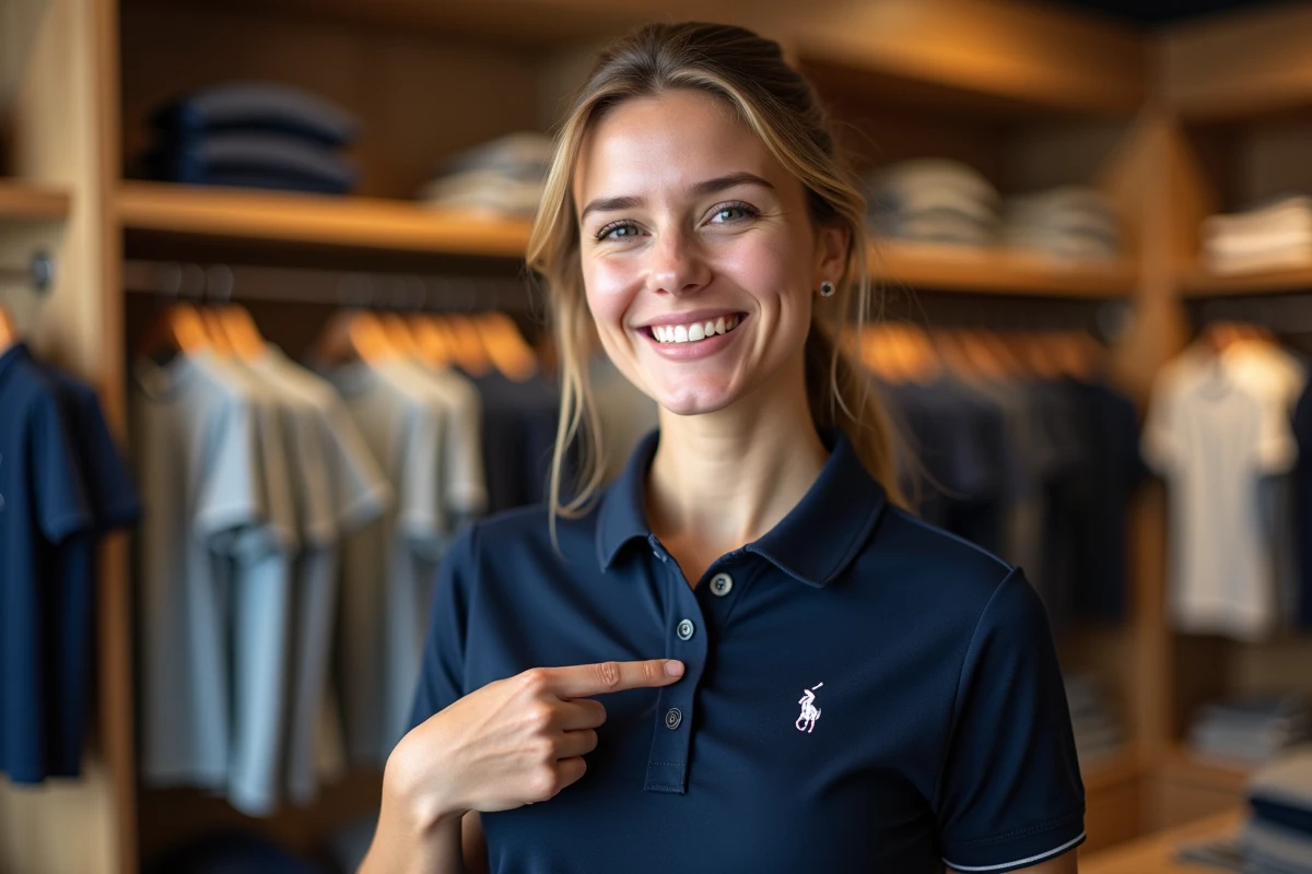 Femme souriante pointant le logo brode dans un magasin chic