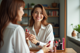 Femme souriante tenant des rouges à lèvres près du visage