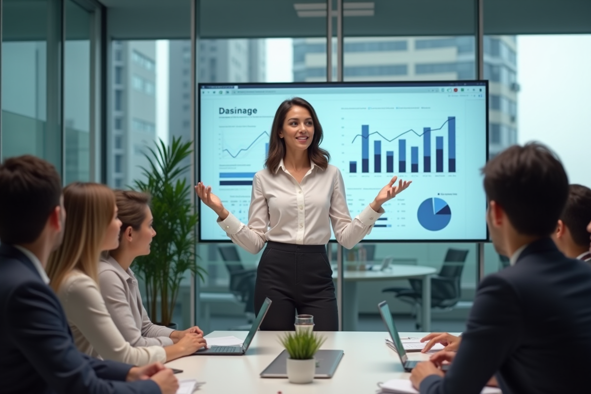 Femme en réunion présentant des données à ses collègues