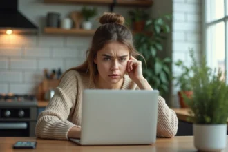 Jeune femme frustrée consultant le suivi de livraison SHEIN sur son ordinateur portable après un problème de transporteur