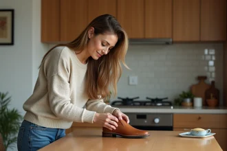 Femme qui étire une chaussure en cuir dans sa cuisine chaleureuse