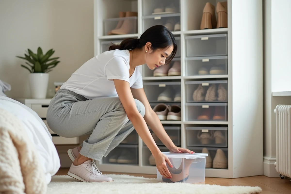 Femme rangeant ses talons dans des boîtes à chaussures transparentes empilables sur une étagère de chambre à coucher moderne