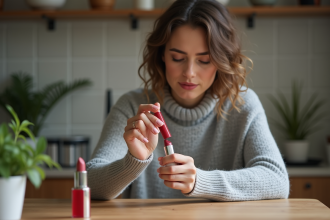Femme refaisant un rouge à lèvres rouge à la maison