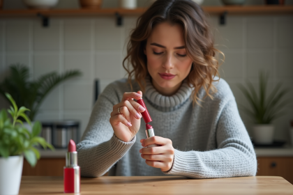 Femme refaisant un rouge à lèvres rouge à la maison