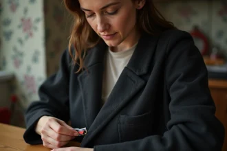Femme en train de réparer une poche de veste en laine sombre