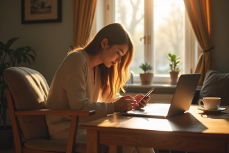 Jeune femme détendue dans un salon lumineux avec smartphone et thé