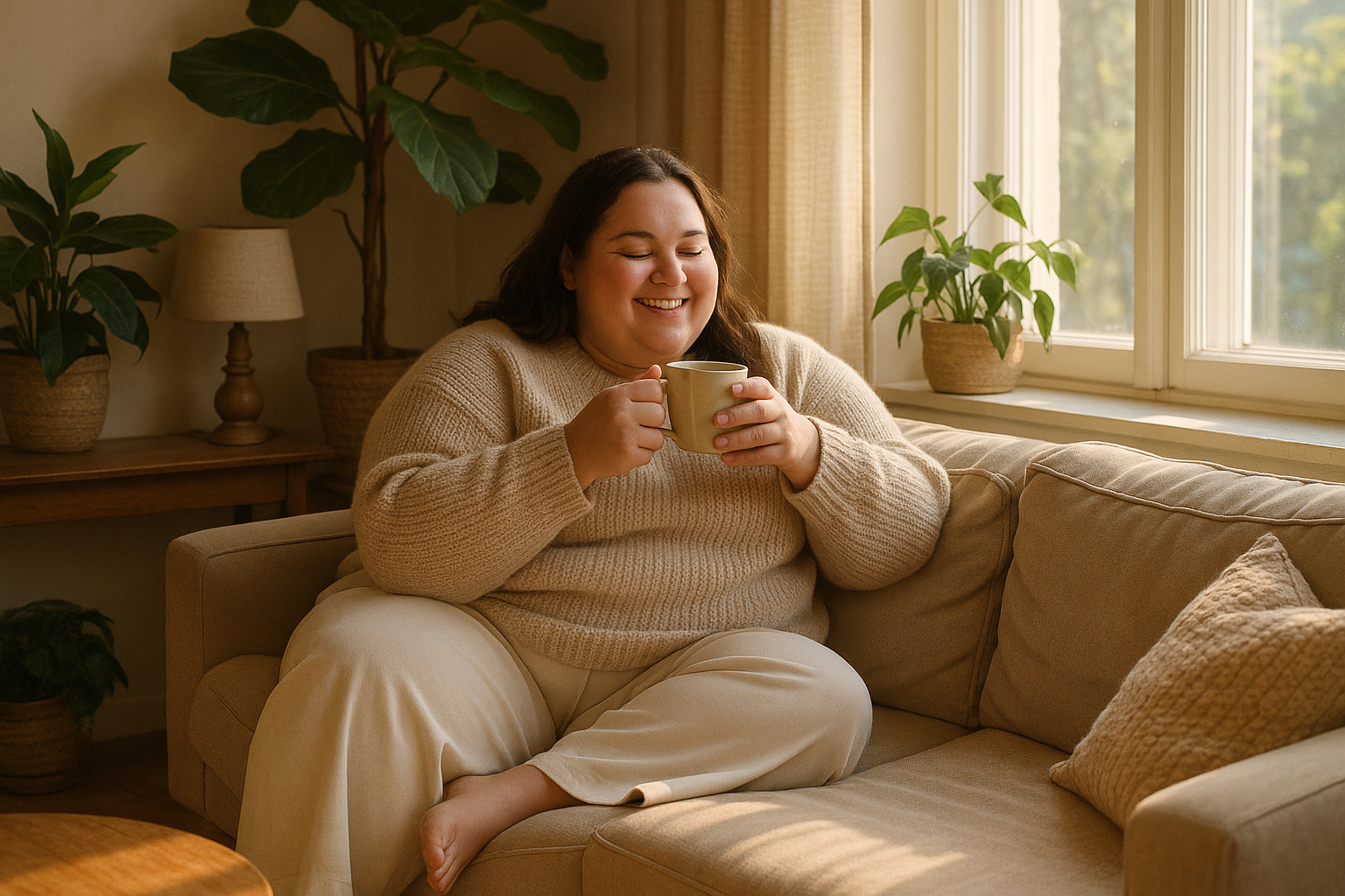Femme souriante en pull doux dans un salon cosy