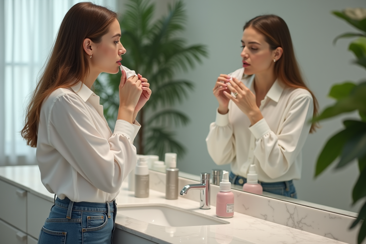 Femme appliquant du rouge à lèvres dans une salle de bain moderne