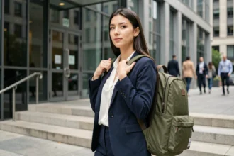 Jeune femme professionnelle enfilant un sac à dos de capacité moyenne devant un immeuble de bureaux moderne