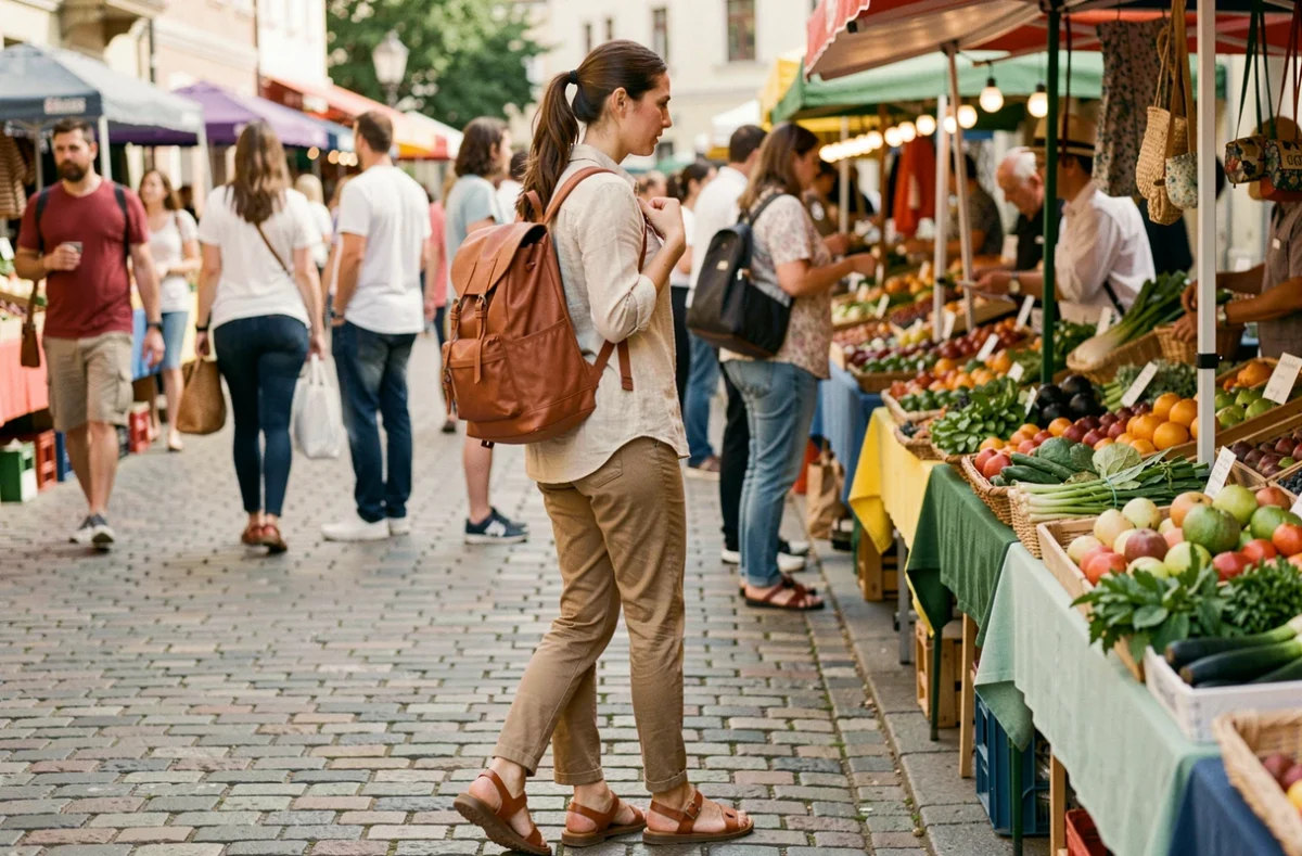 Femme décontractée portant un petit sac à dos compact lors d'une sortie au marché de plein air le week-end
