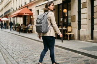 Femme portant un sac à dos ville ultra léger gris ardoise sur un trottoir parisien en pavés