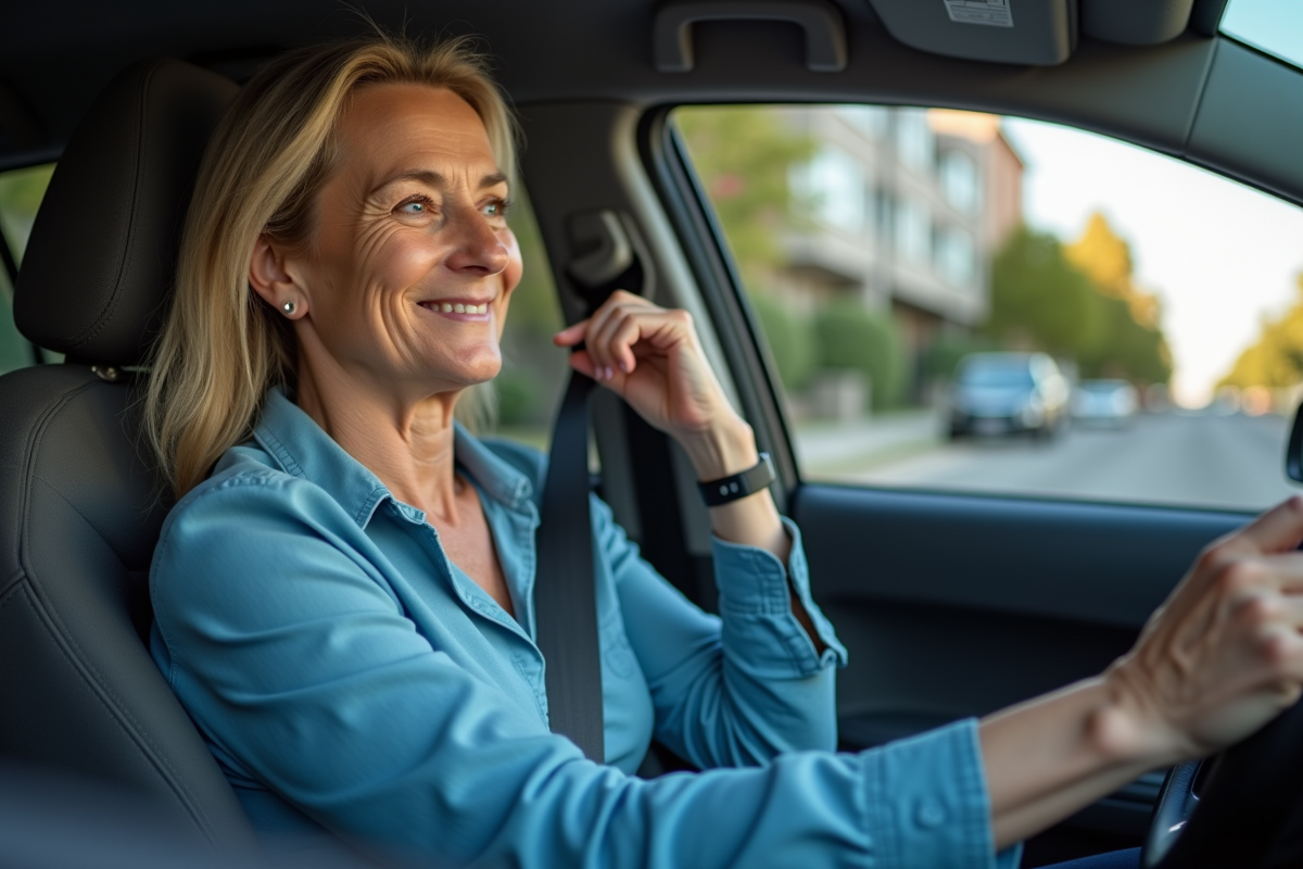 Femme en voiture utilisant un guide ceinture de sécurité