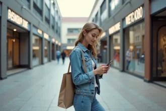 Femme en ville regardant son téléphone avec sac à la main
