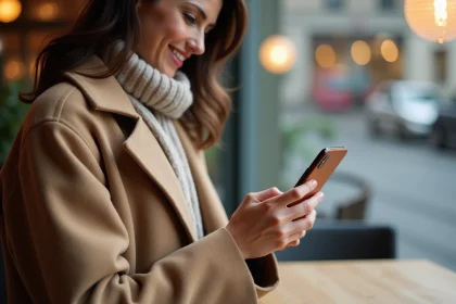 Femme souriante avec iPhone 15 Pro en cuir beige