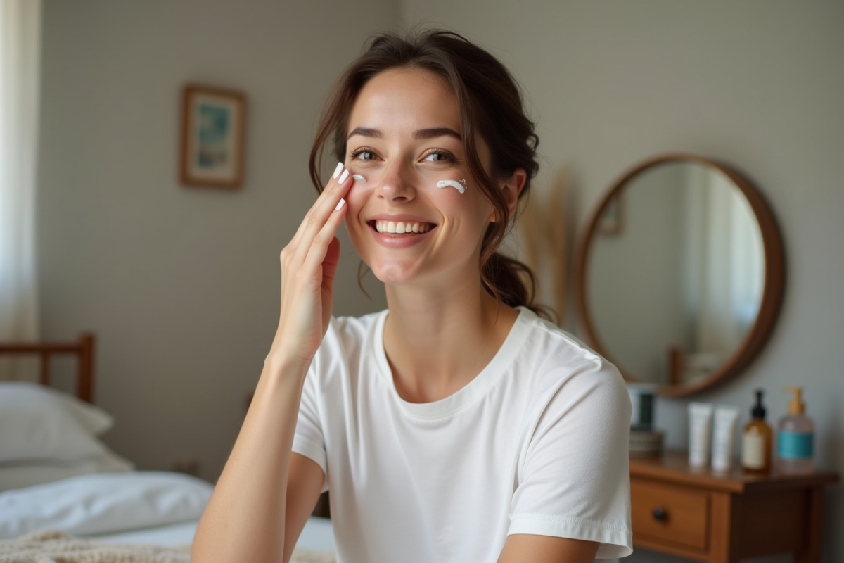 Femme appliquant une creme visage dans sa chambre