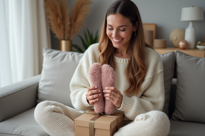 Femme souriante en loungewear déballant des chaussettes piloupilou