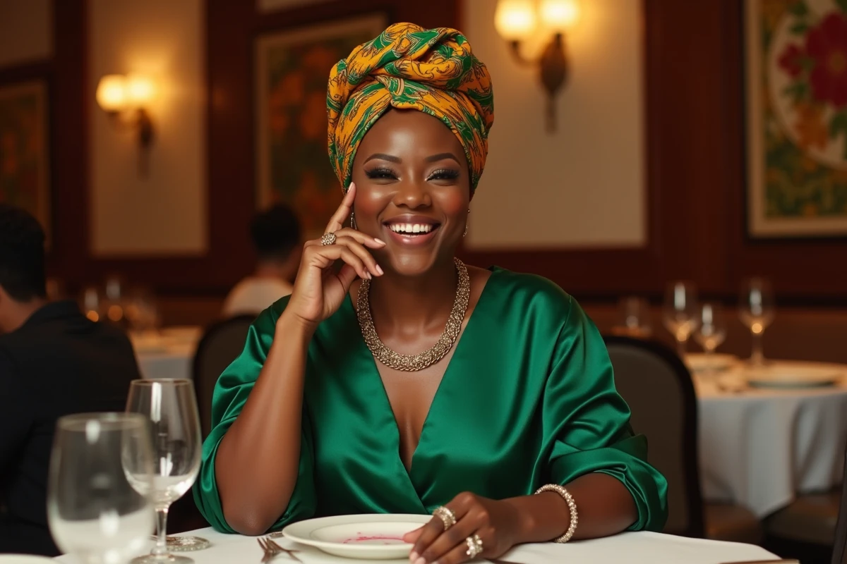 Femme noire souriante à une table de fête conviviale