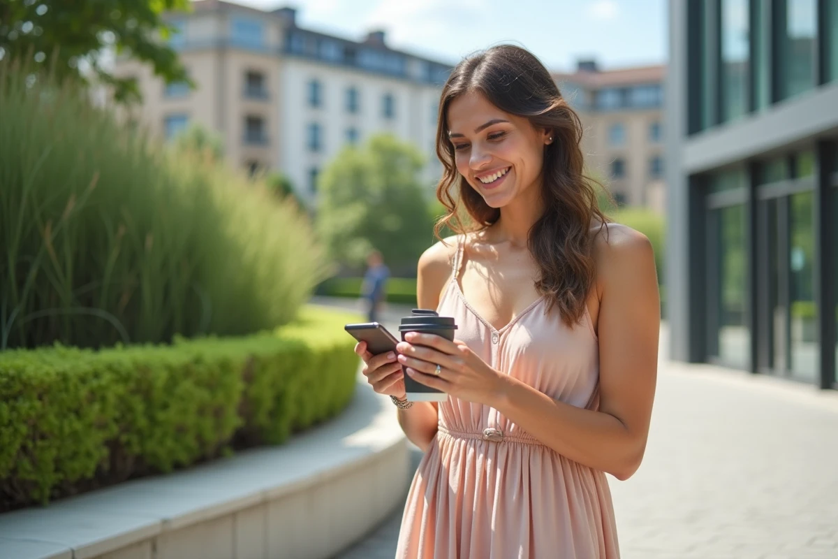Jeune femme française souriante dans un parc urbain avec café réutilisable