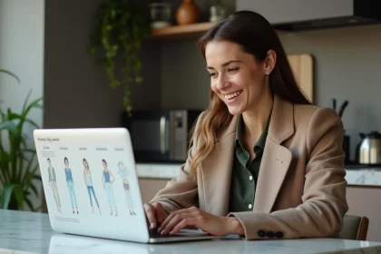 Femme souriante vérifiant un guide de taille vêtement sur son ordinateur