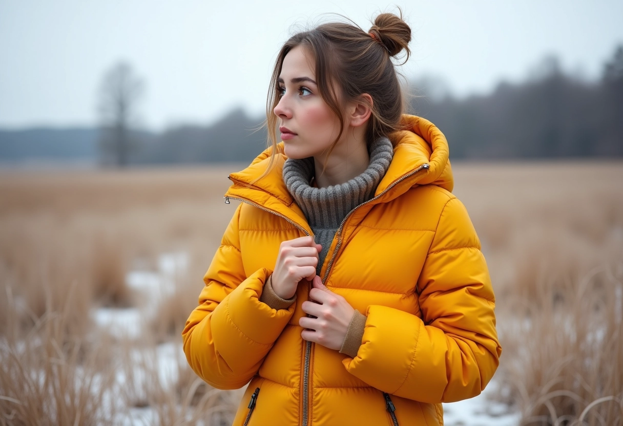 Jeune femme en veste puffer dans la campagne