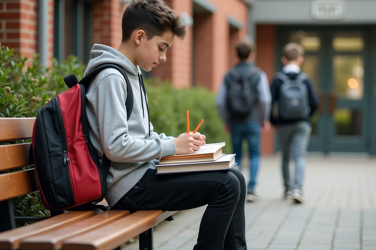 Garçon étudiant avec sac organisé devant l