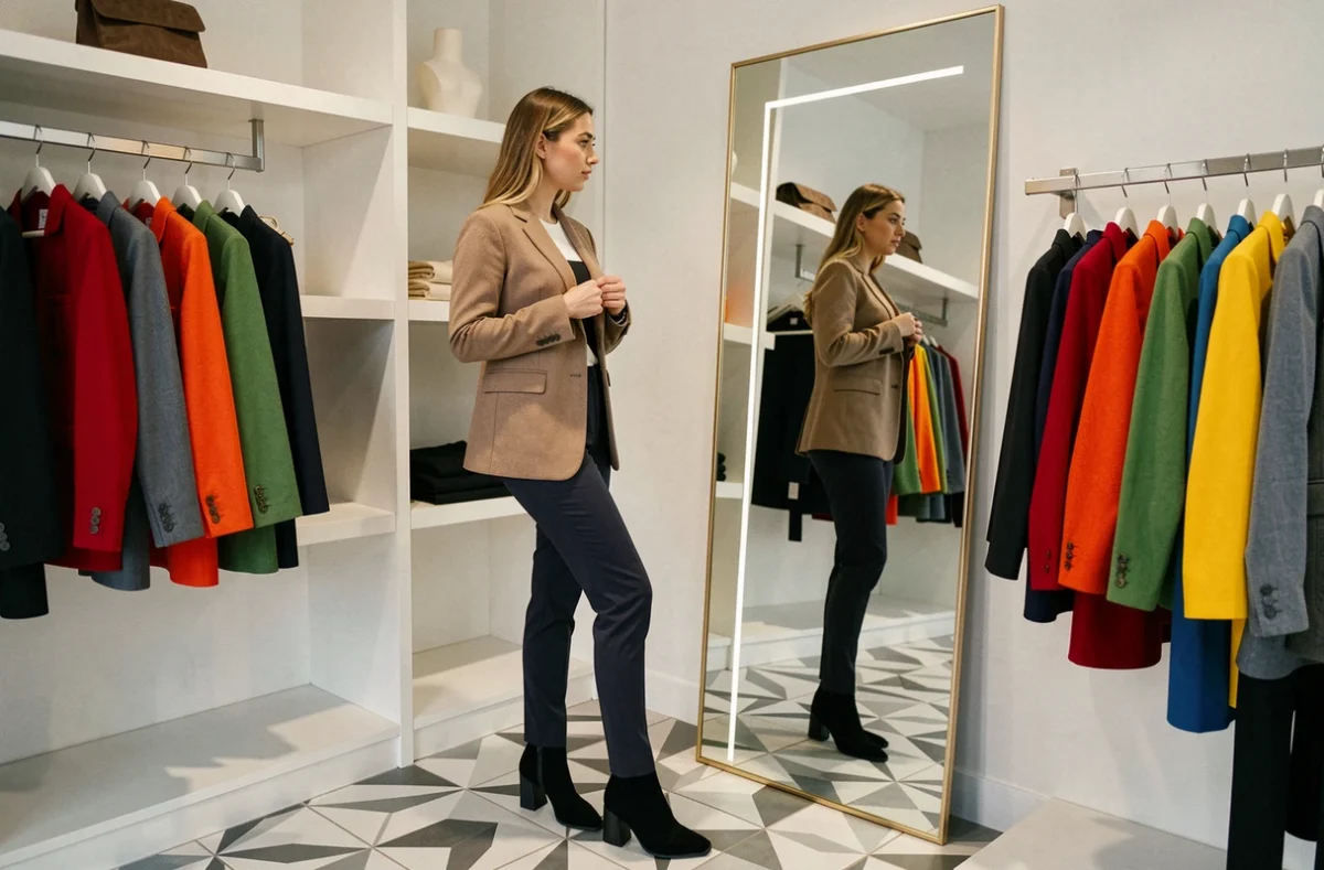 Cliente essayant une veste moderne dans la boutique Gio à Lens