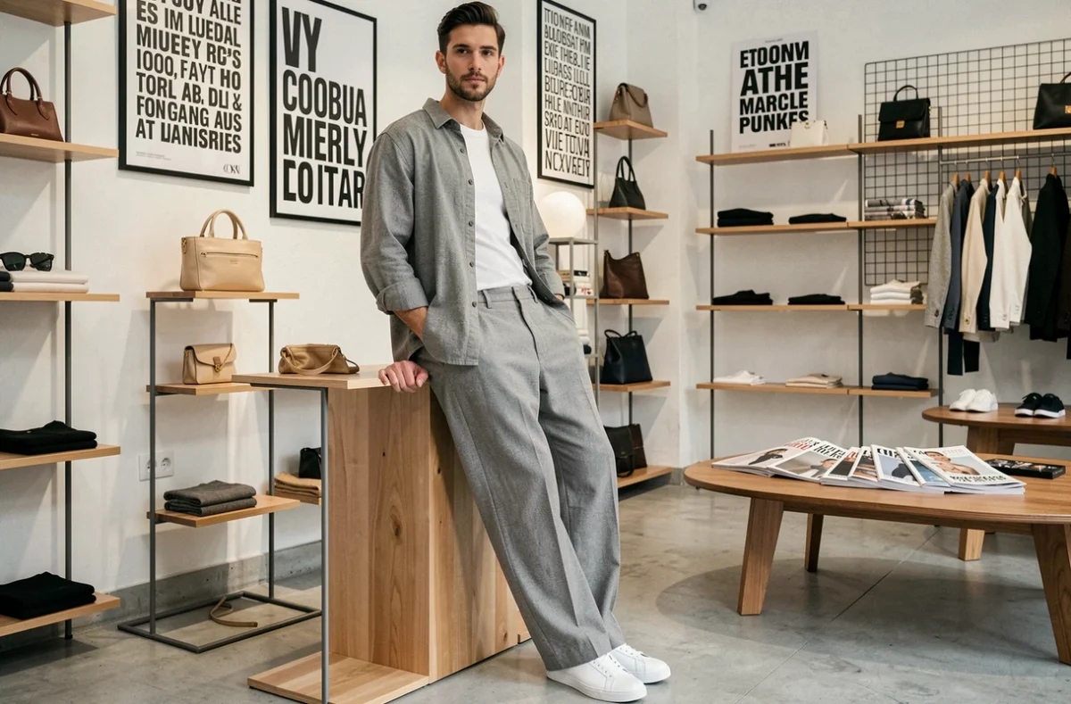 Un homme en tenue tendance posé dans la boutique Graphiti, enseigne de mode masculine branchée dans le 1er arrondissement de Lyon
