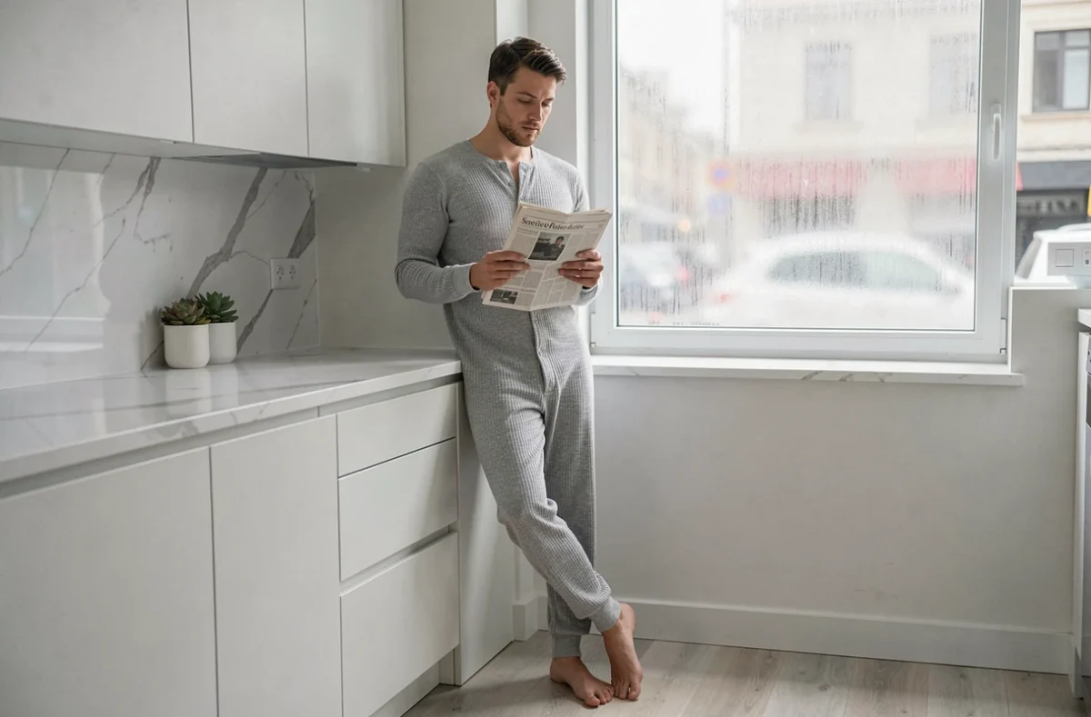 Homme en grenouillère grise en coton dans une cuisine minimaliste moderne, style vestimentaire décontracté à la maison le week-end