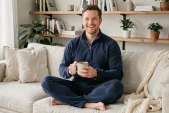 Homme en grenouillère polaire bleue marine assis sur un canapé en lin avec une tasse de café, ambiance cocooning dans un salon moderne