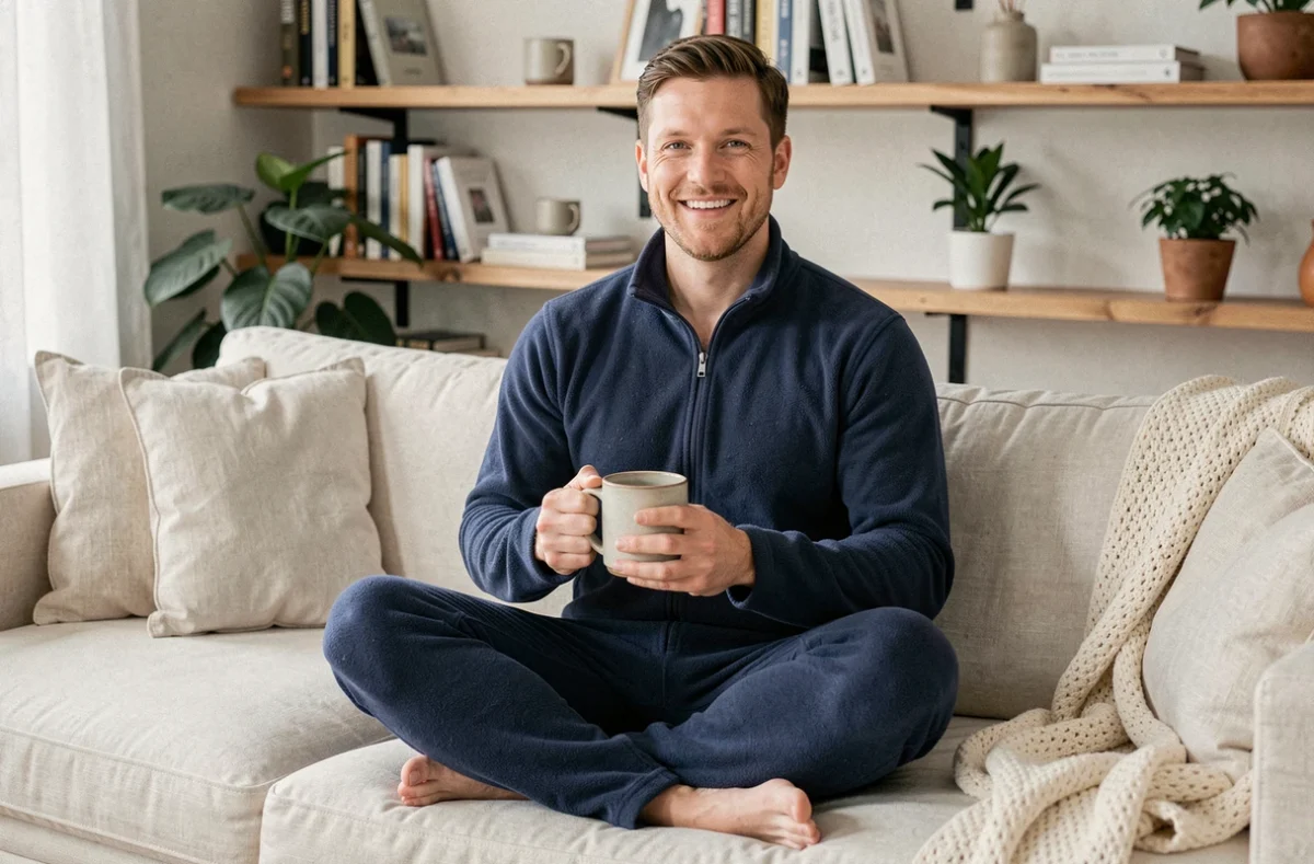 Homme en grenouillère polaire bleue marine assis sur un canapé en lin avec une tasse de café, ambiance cocooning dans un salon moderne