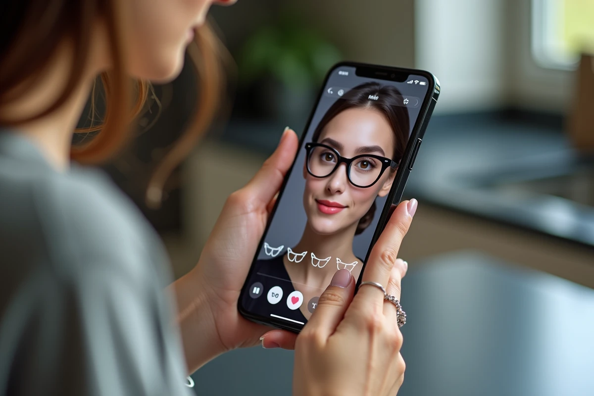 Gros plan sur un smartphone affichant une application d'essayage virtuel de lunettes avec aperçu en temps réel