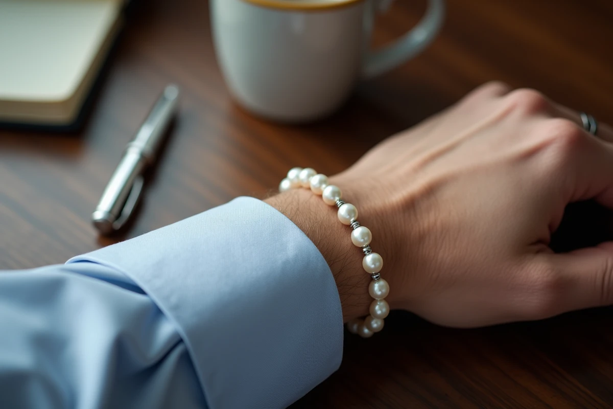 Gros plan d'un bracelet perle ivoire sur poignet masculin en chemise bleu ciel, contexte bureau professionnel
