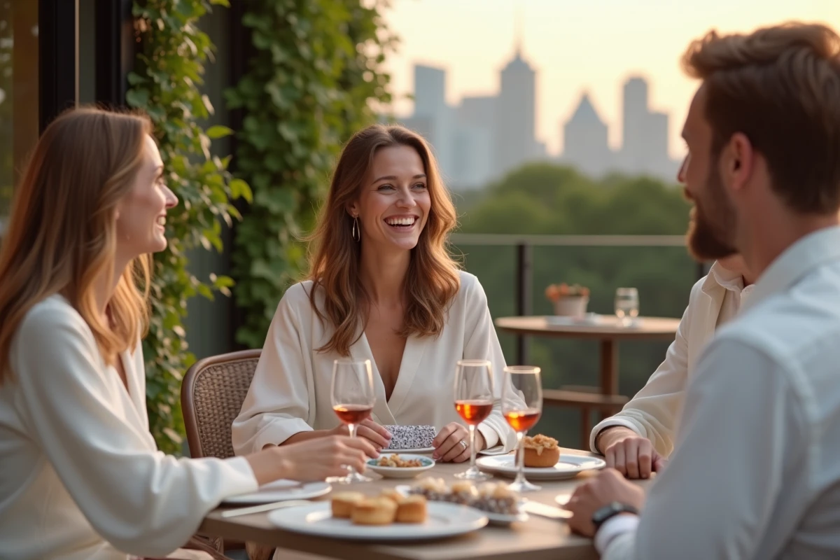 Groupe de quatre amis en blanc lors d