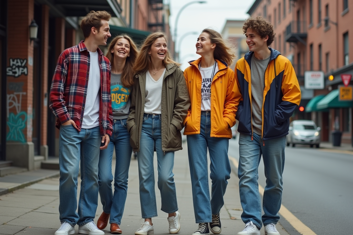 Groupe de jeunes en mode années 90 dans la rue