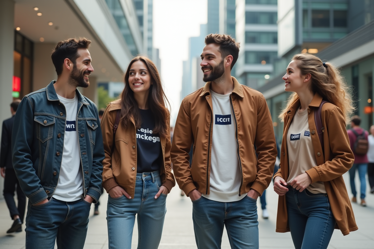 Groupe de jeunes adultes portant des vêtements avec logos dans une ville