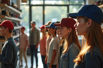 Groupe divers d adultes et enfants essayant des casquettes colorées dans un magasin lumineux