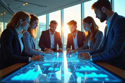 Groupe de professionnels autour d'une table holographique innovante