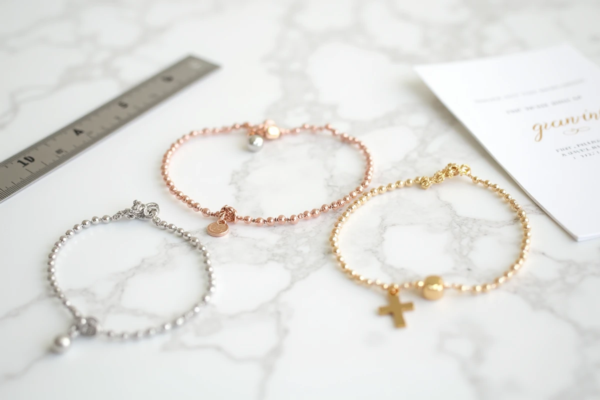 Vue de dessus de trois bracelets de communion pour enfant en argent, or et or rose de tailles différentes posés sur un marbre blanc avec une règle et un faire-part