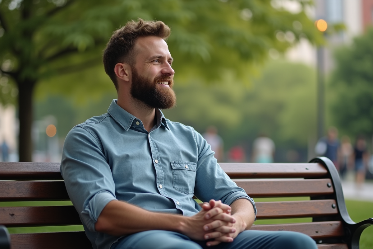 Homme barbu en plein air dans un parc urbain