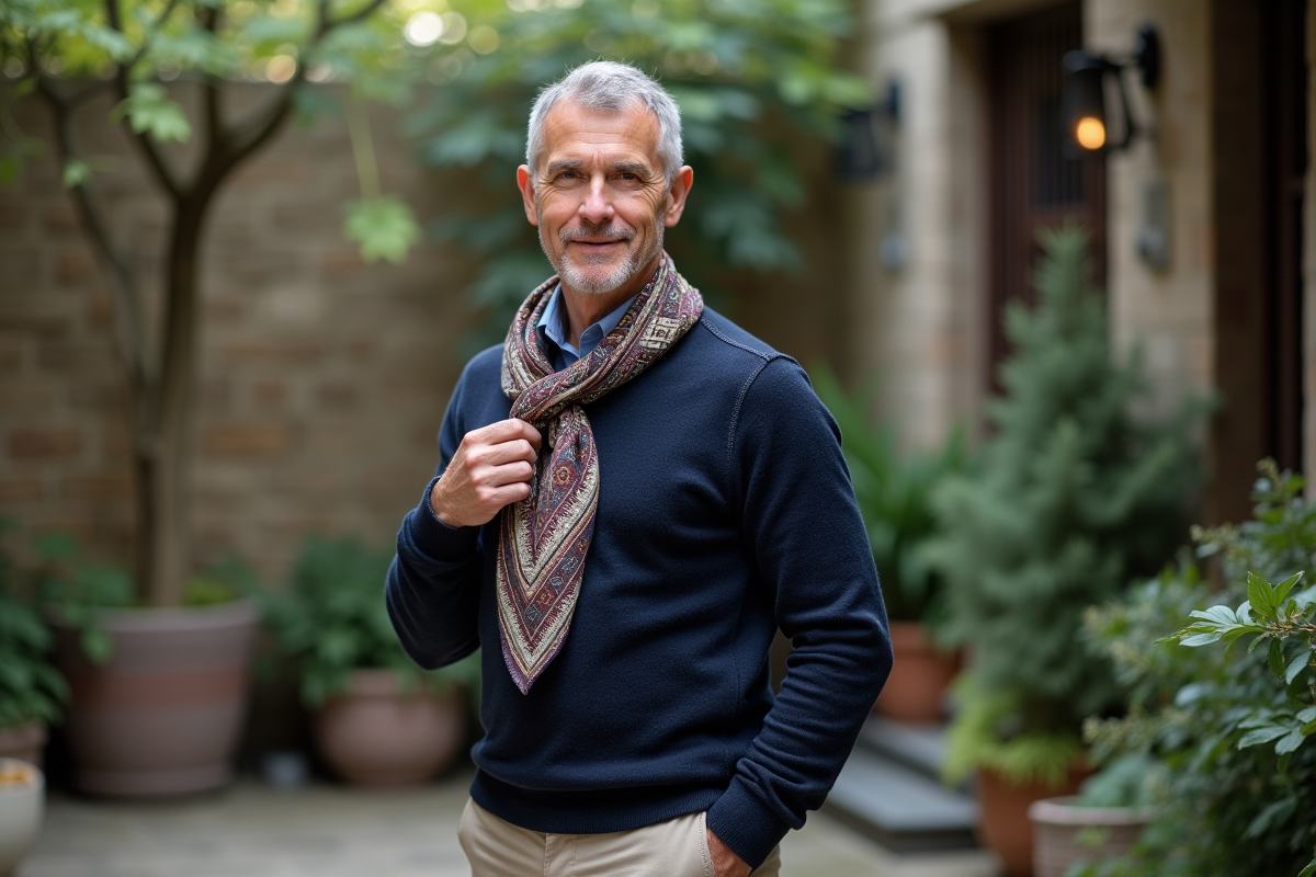Homme ajustant une écharpe à carreaux dans un jardin
