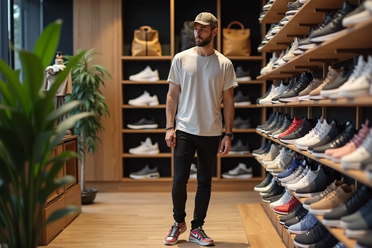 Homme en streetwear cherchant des sneakers en boutique