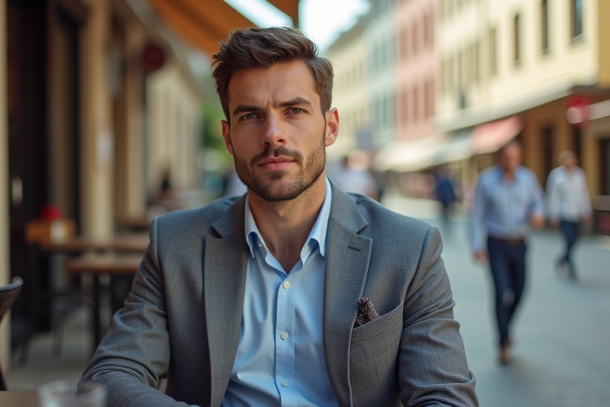 Homme au visage rectangulaire en blazer dans un café en plein air ensoleillé