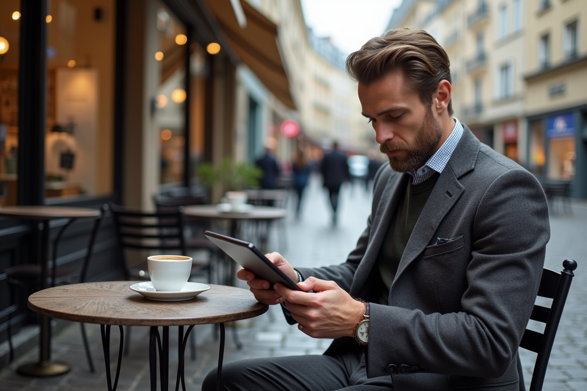 Homme sophistiqué buvant un espresso en terrasse parisienne