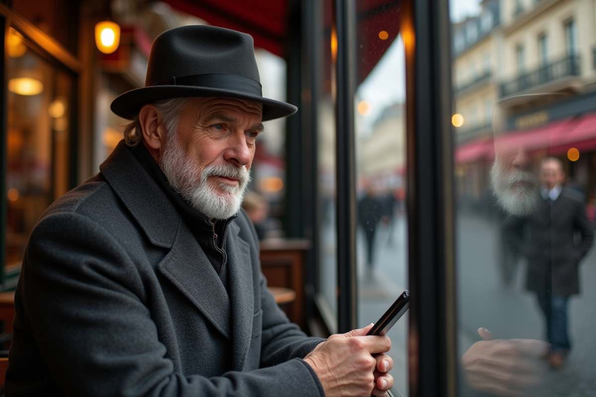 Homme vérifiant sa coiffure devant un café parisien