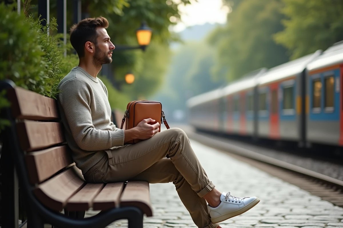 Jeune homme relaxant avec sac à main dans une gare